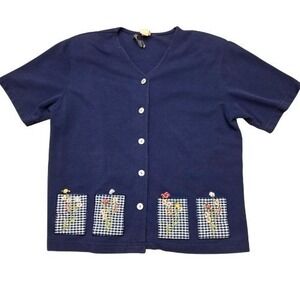 Vintage 90s TEDDI M/L Blue Short Sleeve Button‎ Front Embroidered Floral Gingham